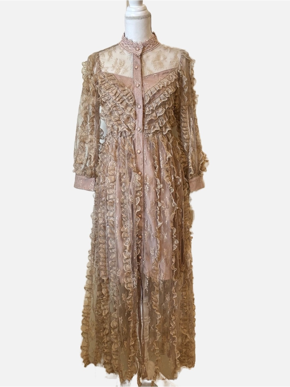 Romantic Ruffle Lace Button Down Maxi Dress Size Small